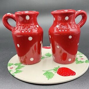 VTG Cottagecore Strawberry Salt Pepper Shakers With Tray Large 4.5" Jug Polk Dot